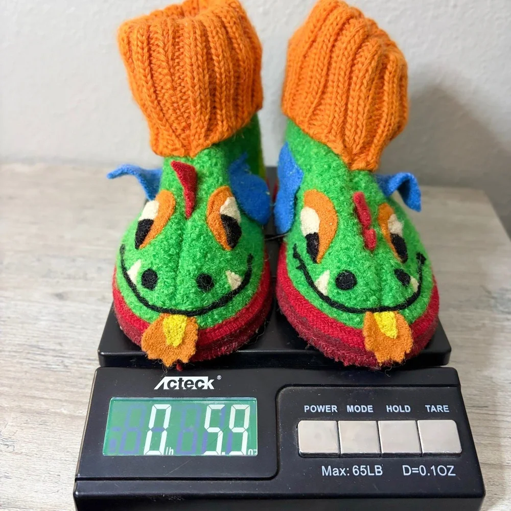 Garnet Hill Kids Dragon Wool Slippers Green Orange Knit Cuff Size US 6